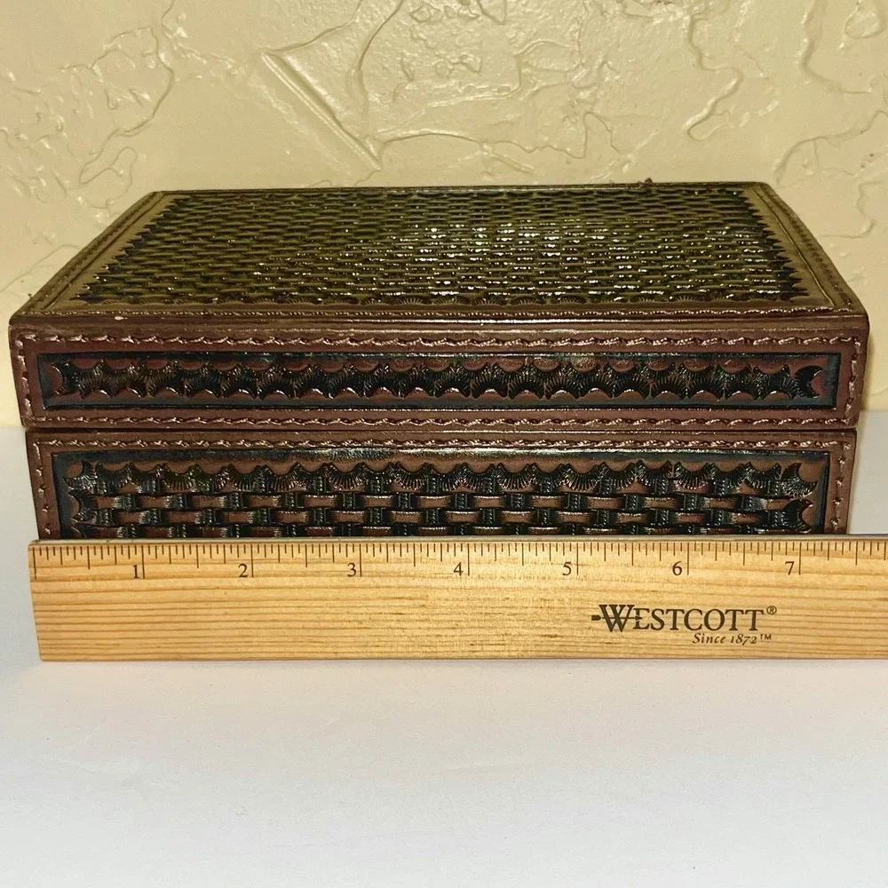 Tooled Leather Basket Weave Trinket Box with Lid Western Office